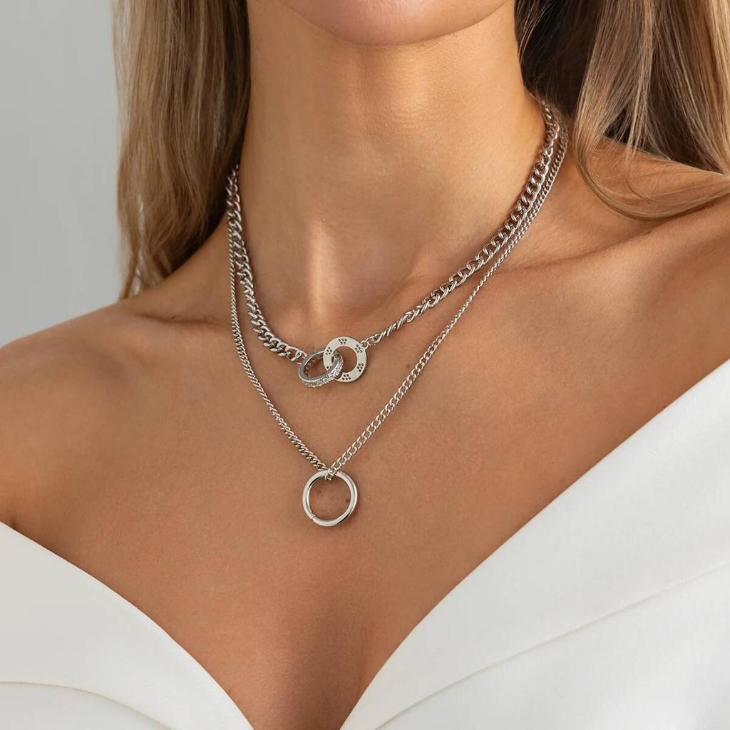 Salircon 2Pcs/Set Creative Simple Gold Color Hollow Round Metal Choker Necklace Women Trend Adjustable Chain Charm Daily Jewelry