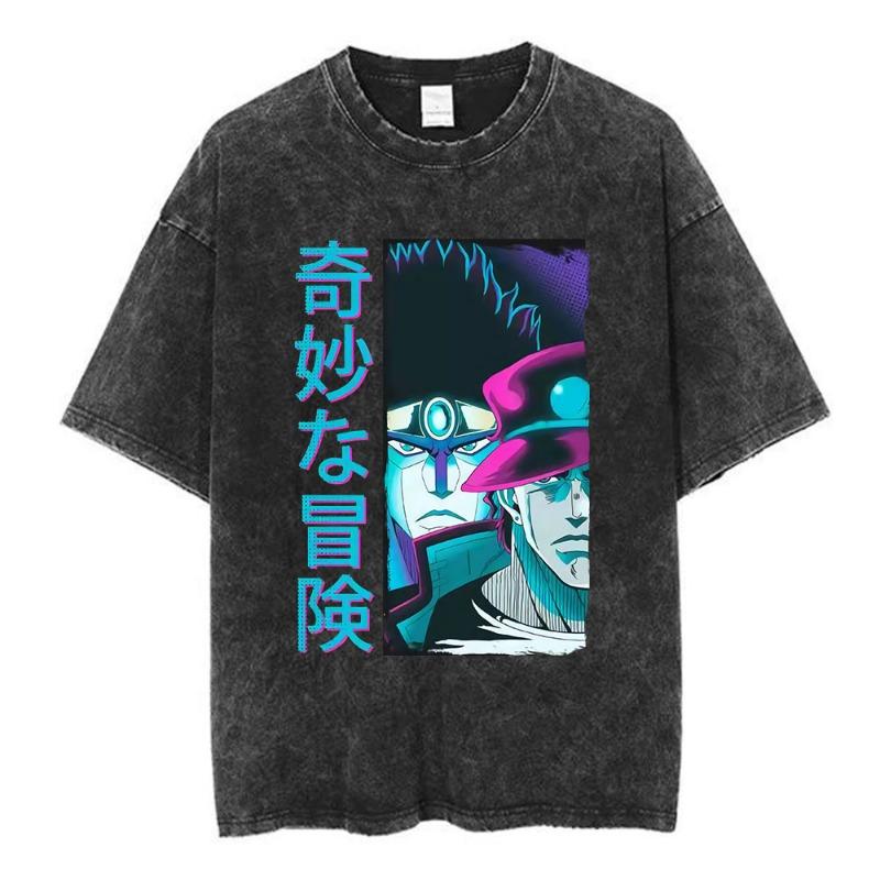 Vintage Washed Anime Jojo Bizarre Adventure T-shirt Giorno Giovanna Manga Graphic T-shirts Men's Clothing Cotton Casual T shirts