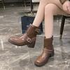 Maillard style handsome belt buckle round head thick heel knight boots 2024 autumn simple Korean version versatile short boots