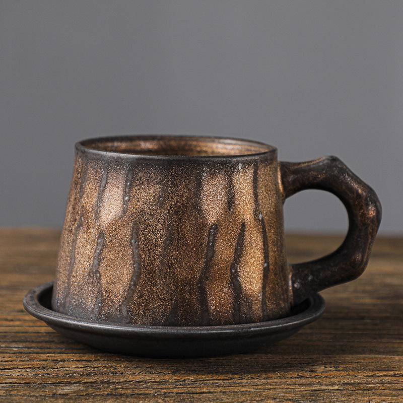 Cross-border retro coarse pottery coffee cup and saucer set, large-capacity ceramic mug, water cup, Japanese handmade creative cup