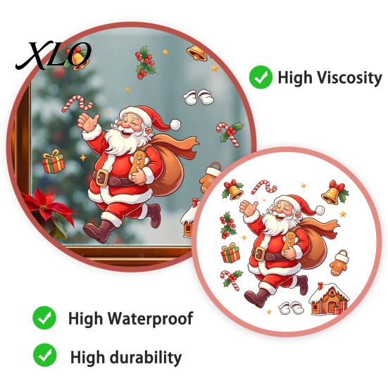 Xmas Theme Window Film Santa Claus Static Cling, Christmas Glass Stickers with Running Santa, Candy Festive Cane & Bell, Reusable PVC Holiday
