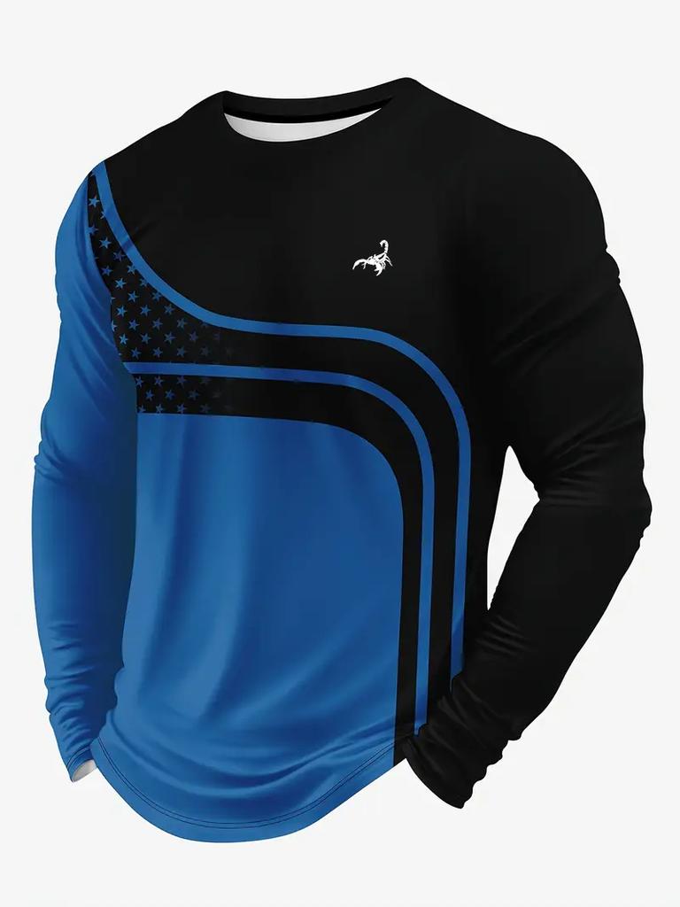 Casual 3D Digital Printed Contrasting Pattern Men's Round Neck Long Sleeved T-shirt for Comfortable Outdoor Wear In Spring and Autumn
