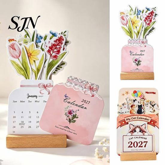 Monthly Planner For 2027 Flower Desk Calendar, English Tabletop Calendar with Wooden Base, Floral & Cat Decorative for Office Home Desktop Cute