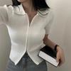 Шикарные модные топы из Южной Кореи, женские летние новые универсальные вязаные топы на молнии с двойными лацканами и короткими рукавами для похудения