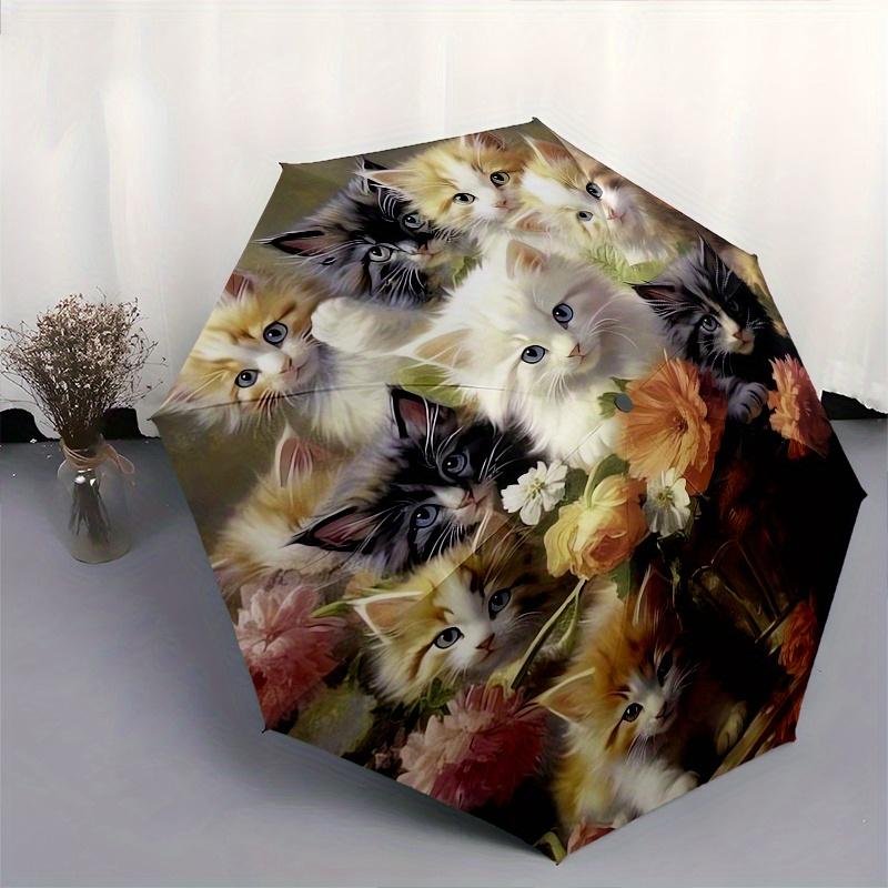 Kittens, Flowers Theme 8 Bone Hand Automatic Folding Umbrella, Compact and Portable Design, A Perfect Gift for Birthday, Christmas or Busine