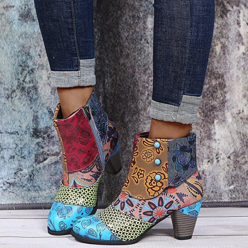Fashion Vintage Leather Women Boots Bohemian New Female Retro Printed Buckle Soft Zipper Ankle Boots Women Botines Mujer Botas Feminino