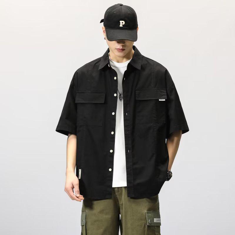 Trendy Korean-Style Men's Military Green Short-Sleeve Workwear Shirt