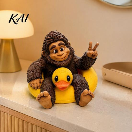 Sasquatch Resin Ornament And Duck Figurine, on Swimming Ring Statue, Lifelike Statue Funny Animal for Home Tabletop Shelf Decor Unique Display
