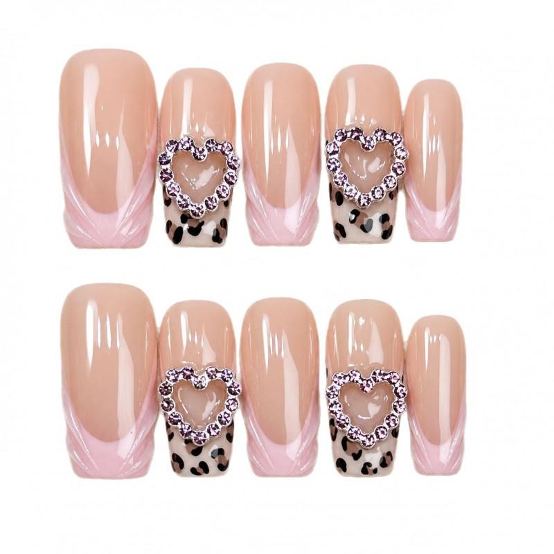 10pcs Handmade Press-On Nails With Pink Leopard Print Heart Rhinestones Sweet Spicy Style Removable Nail Tips Women