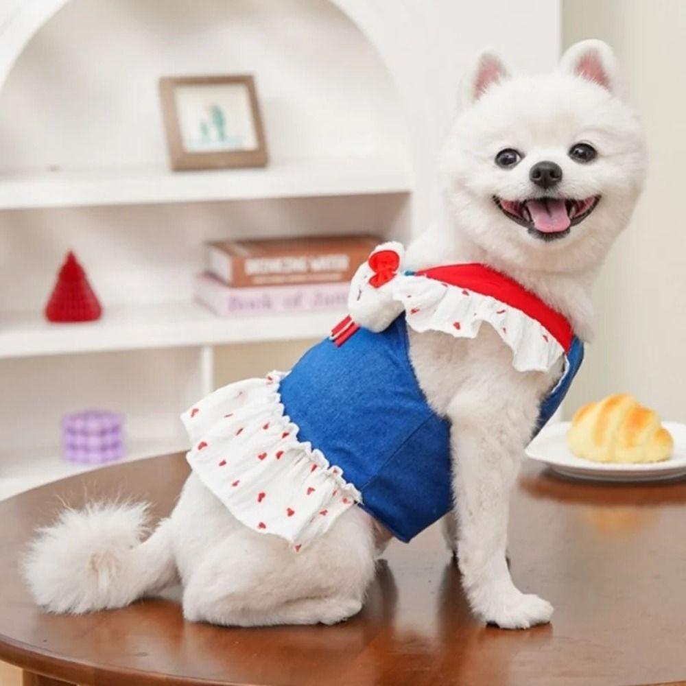 with Leash Dog Harness Dress Heart Print Pet Dress Denim Puppy Princess Skirt Outdoor Walking