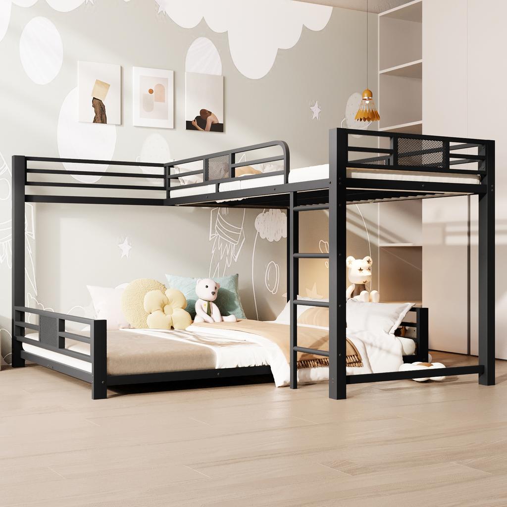 L-shaped Metal Bunk Bed 90x200 over 140x200, Black
