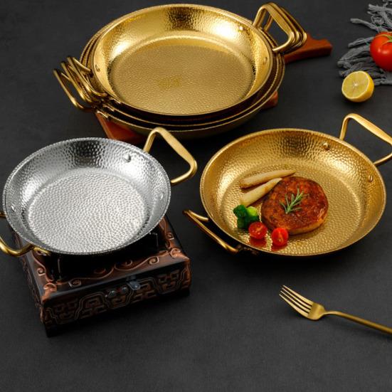 Fry Pot Saucepan Hammered Stainless Steel Paella Cooker Double-Handle Seafood