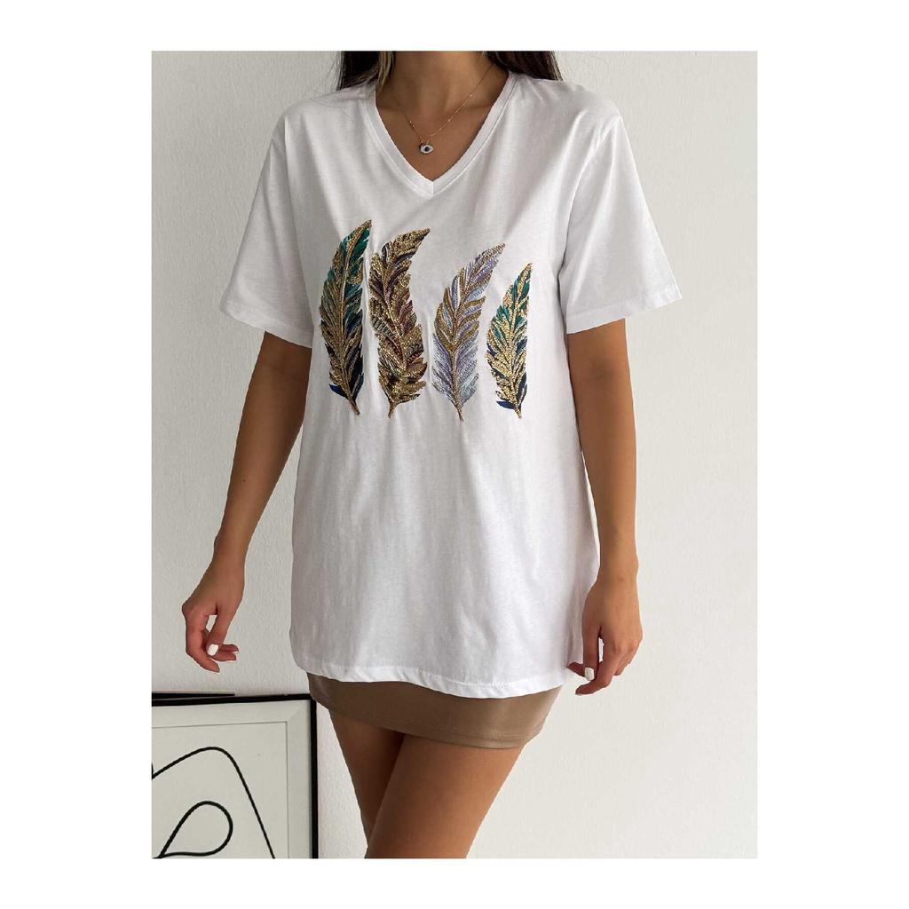 Женская черная футболка из 100 % хлопка с v-образным вырезом и вышивкой пайетками больших размеров