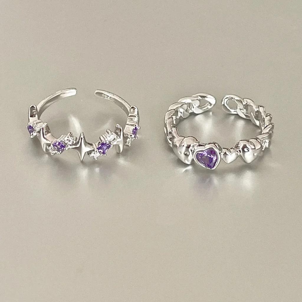 Purple Crystal Irregular Heart Ring for Women Korean Fashion Luxury Zircon Open Adjustable Y2K Style Exquisite Jewelry Accessory