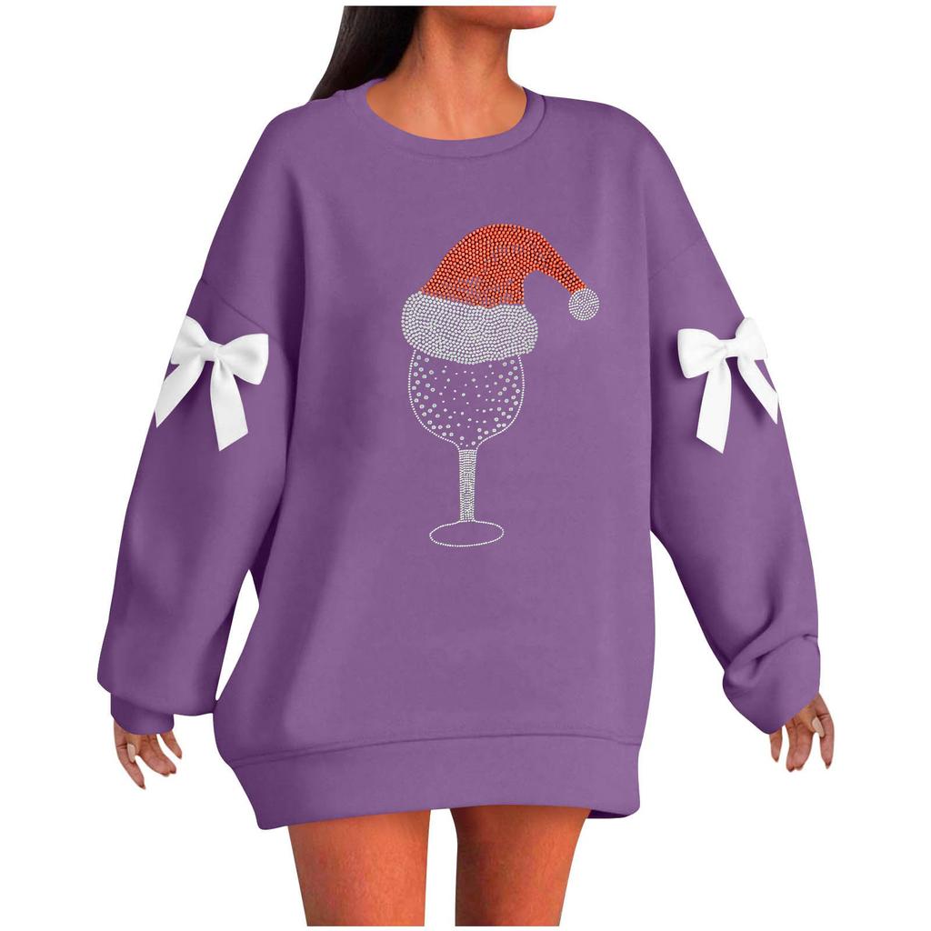 Ladies' Christmas Printed Bow Round Neck Long Sleeved Loose Pullover Sweater Sweatshirt Top