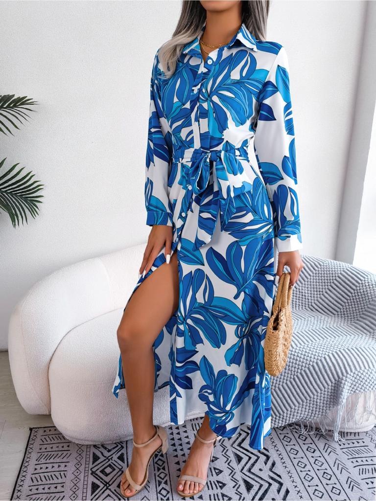 Turndown Collar Printing Button Dress High Waist Elegant Shirt Dress for Women Long Sleeve Loose Dresses Causal Dress