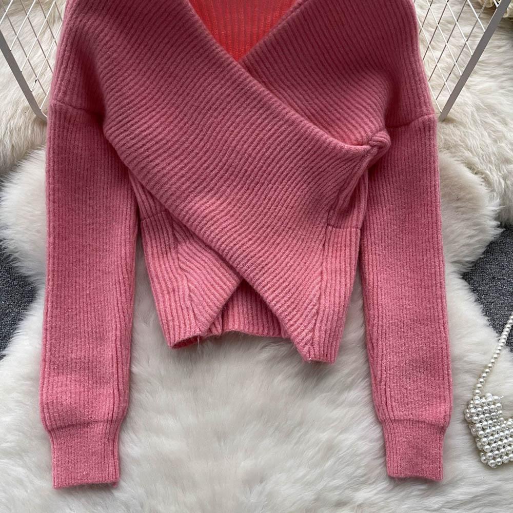 Осенне-зимний корейский свободный тонкий вязаный свитер с v-образным вырезом и нерегулярным ленивым ветром