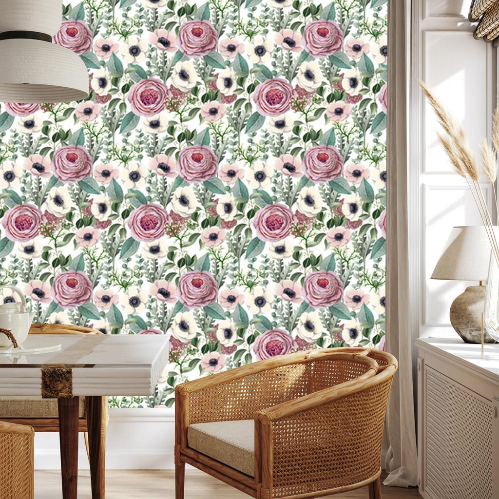 Roses, anemones and eucalyptus leaves wallpaper for living room and bedroom 50x1000