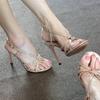 Темпераментные босоножки-стилеты Женские Летние Новые Круглый носок Открытый носок Перекрещенные Тонкие ремешки Нескользящий ремешок Высокие каблуки