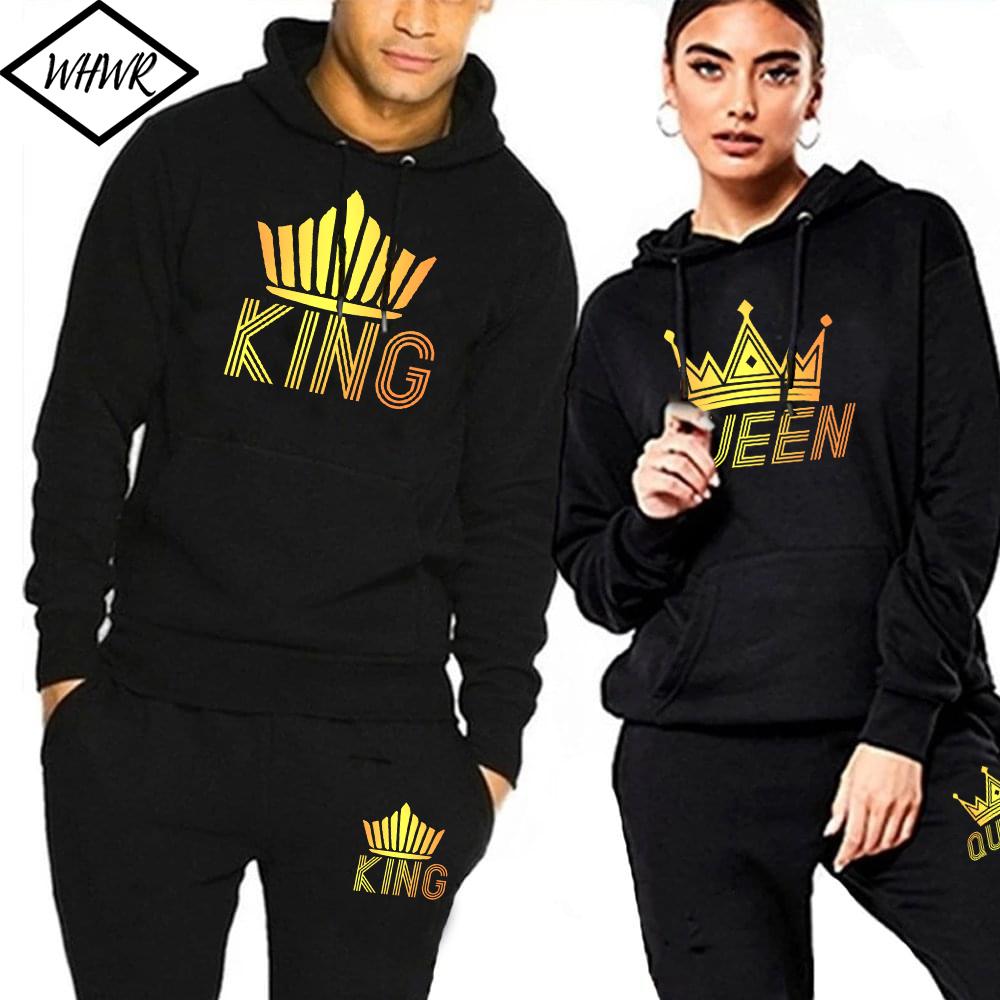 Флисовые толстовки для пар с принтом King Queen, осенний толстый свитшот, комплект из двух предметов, спортивный костюм унисекс, повседневные спортивные штаны