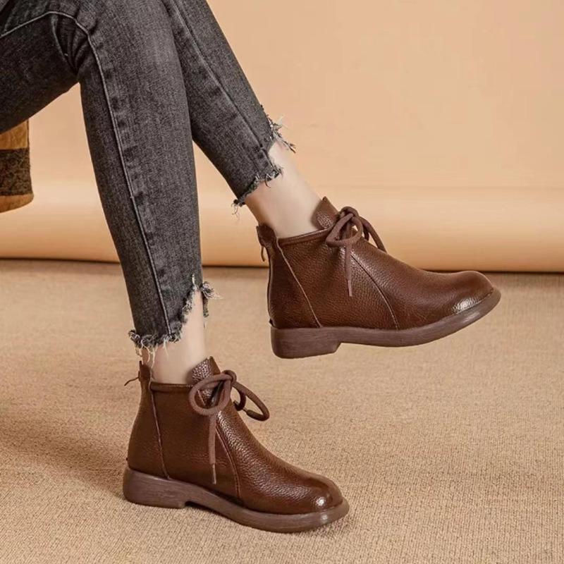 Натуральная кожа Удобные плоские короткие ботинки Мягкая поверхность Мягкая подошва Удобные Универсальные женские кожаные ботинки Воловья кожа Нескользящие ботинки 35-41