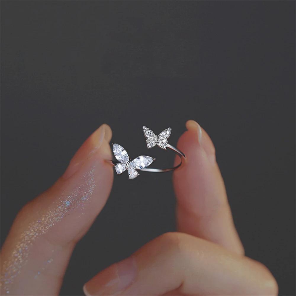 Pretty Crystal Butterfly Opening Rings for Women Exquisite Cubic Zirconia Gold Silver Color Adjustable Ring Fashion Jewelry Gift