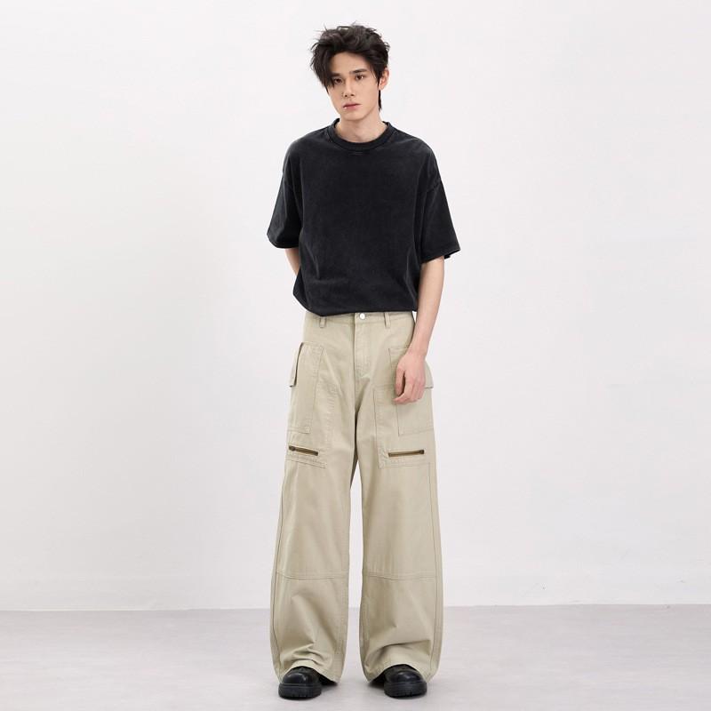 Mens Vintage Cargo Pants With Zippered Flap Pockets Straight Fit Cotton Workwear Trousers Casual Daily Wear