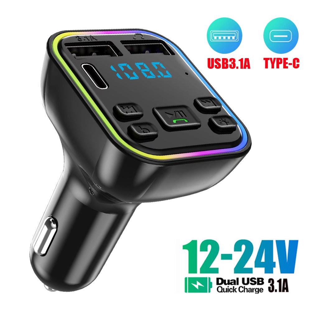 Car Bluetooth FM Transmitter PD Dual USB 3.1A Fast Charger Adapter Colorful Ambient Light Handsfree MP3 Modulator Player