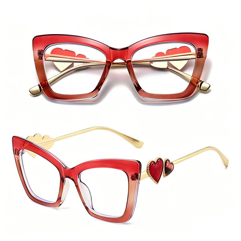 Trendy Cat Eye Blue Light Glasses with Metal Love Inlay, Unisex Anti-Fatigue Computer Eyewear, Fashion Eyeglasses for Men & Women