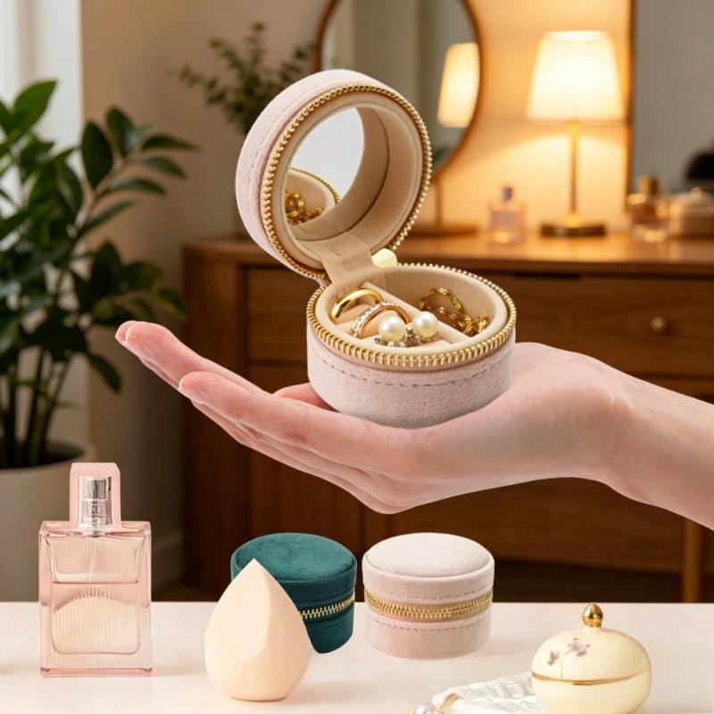Mini Round Velvet Jewelry Box Portable Travel Organizer Case with Mirror and Zipper Rings Earrings Necklaces Small Accessories
