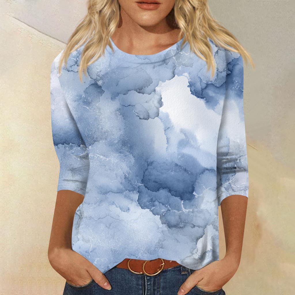 Женская модная повседневная футболка с круглым вырезом, рукавом три четверти и градиентным принтом