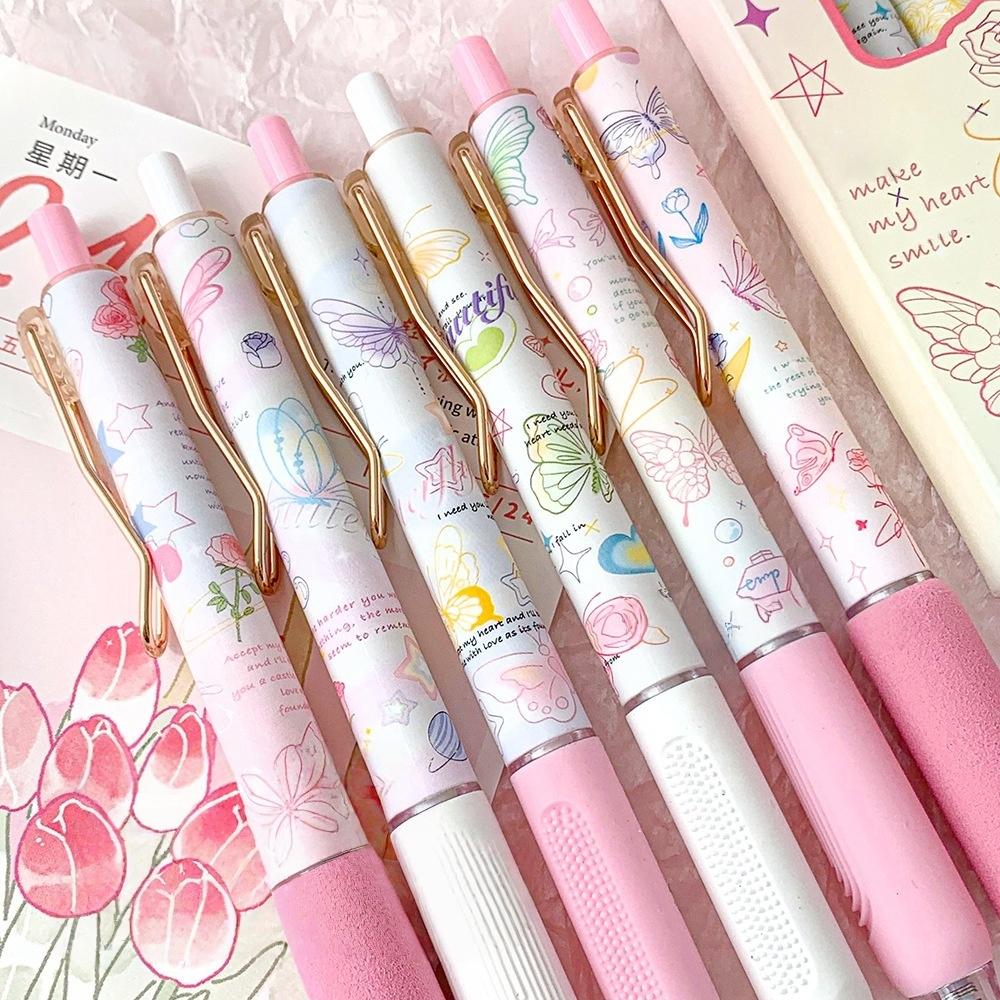 Набор гелевых ручек с бабочками, 6 шт., 0,5 мм, черные чернила, с цветком, розой, милые шариковые ручки для письма, школьные принадлежности для студентов