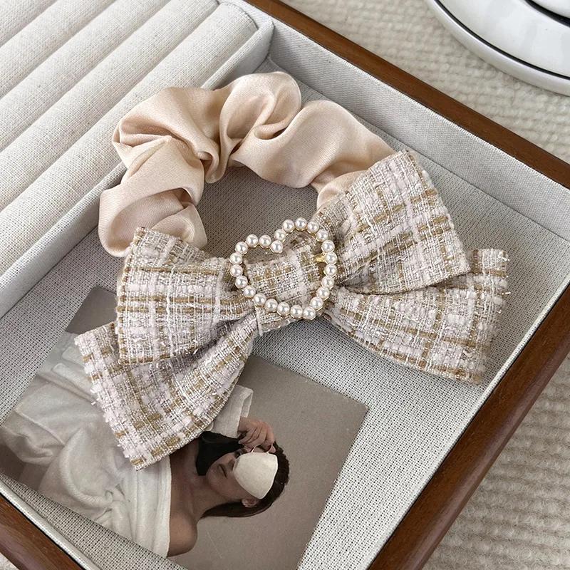 Новые кольца-резинки для волос с бантом, женские, милые, с жемчугом и сердечком, эластичные повязки на голову, аксессуары для волос для девочек, резинки для держателя хвостика