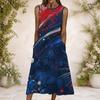 Women Plus Size Round Neck Sleeveless American Eagle Printed A Line Long Dress With Pockets