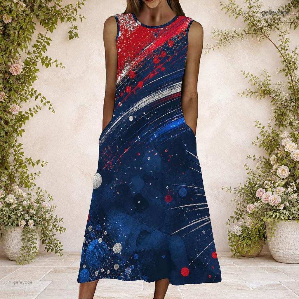 Women Plus Size Round Neck Sleeveless American Eagle Printed A Line Long Dress With Pockets