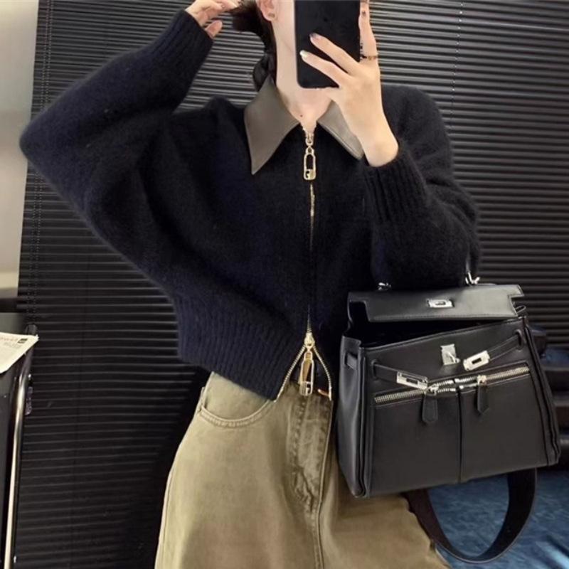 Autumn and Winter Women's Sweater Leather Collar POLO Collar Splicing Knit Cardigan Zipper Lazy Wind Jacket