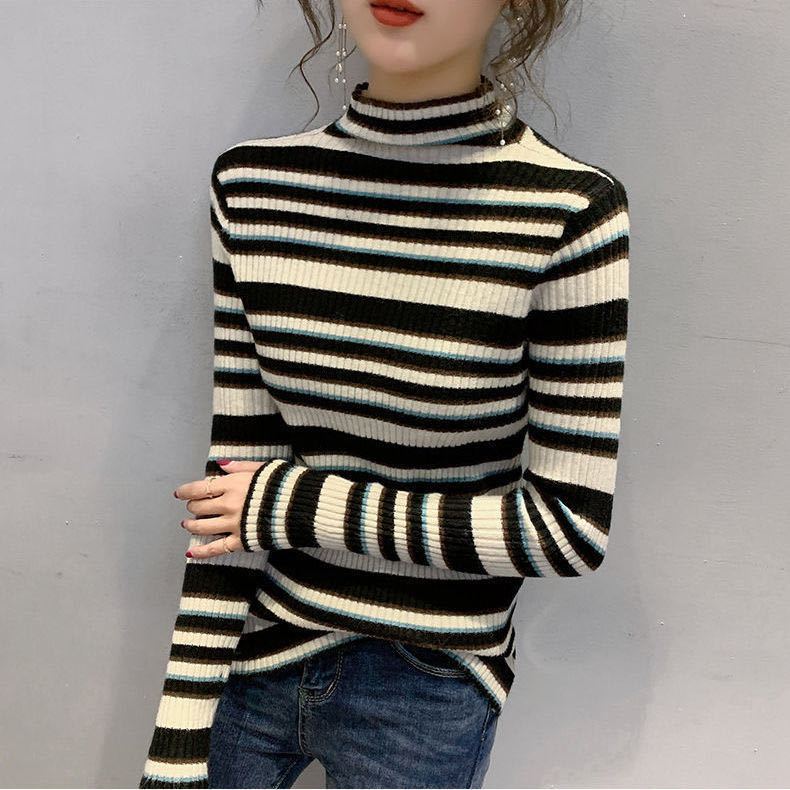 Осенне-зимний корейский свитер с высоким воротником и полосатым узором в цветных блоках, облегающий свитер-пуловер, женский базовый свитер