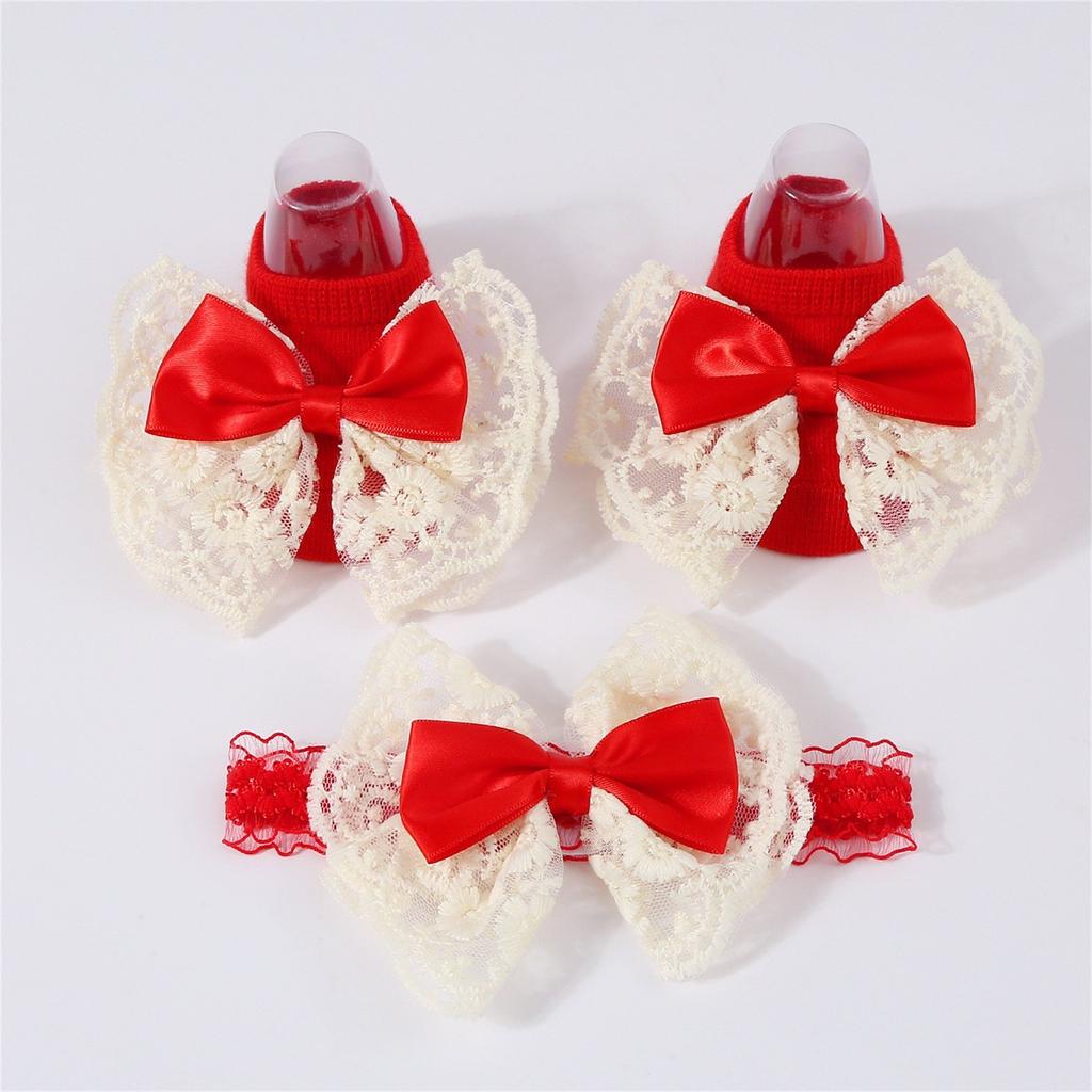 Baby Knitted Breathable Lace Bow Floor Socks + Hairband Color Matching Set