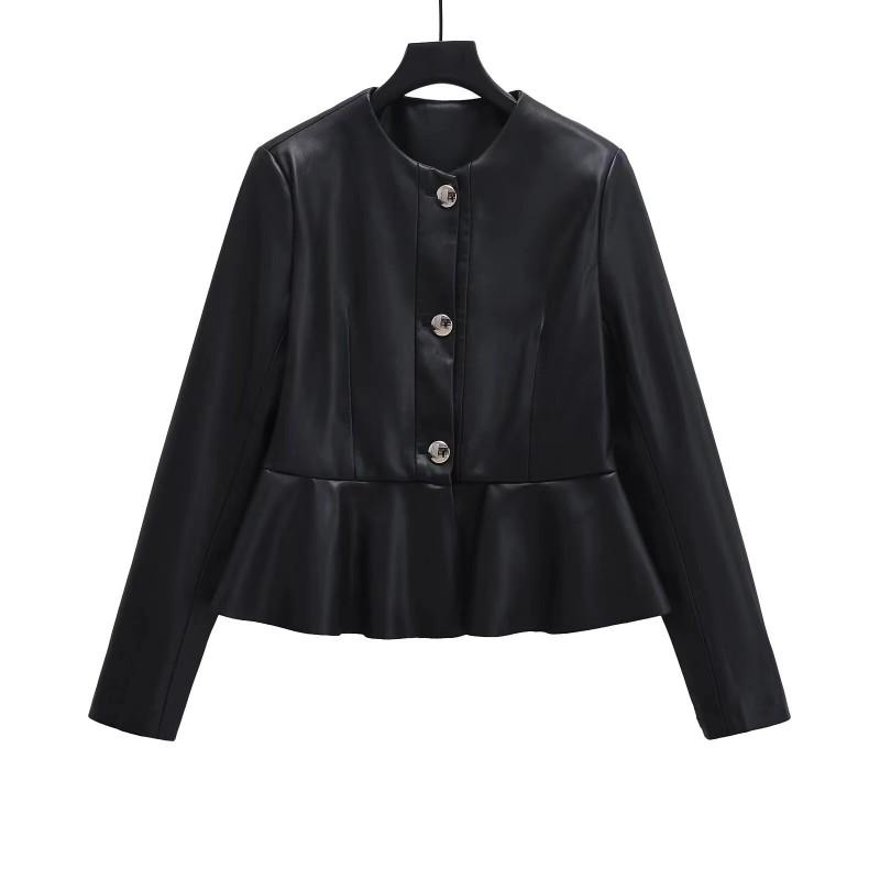 Womens Short Faux Leather Jacket Round Neck Spliced Lace Hem Slim Fit Vintage Style