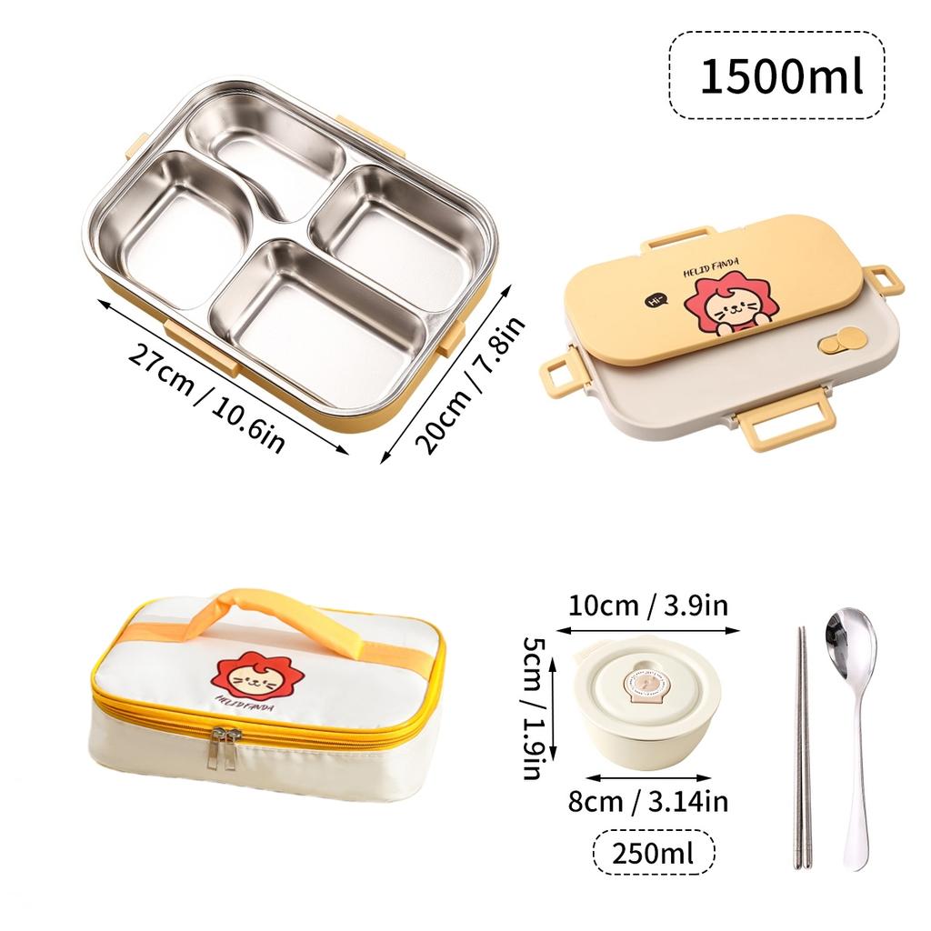 4 Grids Bento Lunch Box With Bowl&Cutlery Microwave 304 Stainless Steel Leak-proof Food Container For Student Adult