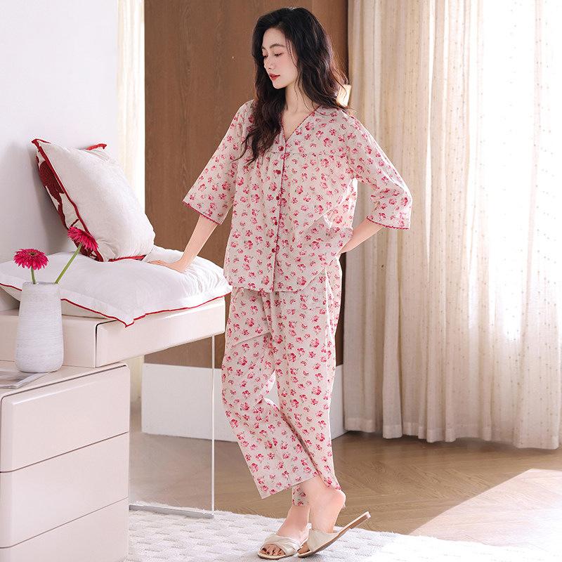 Woven cotton gauze pajamas women's spring cotton seven-quarter sleeves 1011 new summer cotton mother loungewear