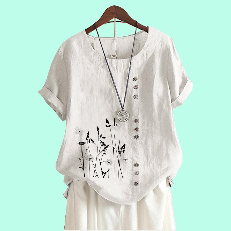 Women Casual Floral Print Loose Blouse Laides Cotton Linen Top Fashion Short Sleeve T-shirt