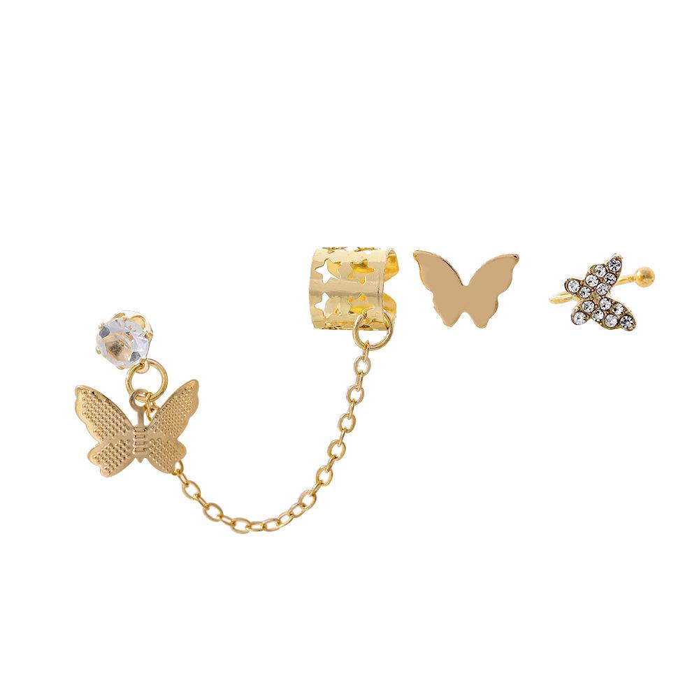 Exaggerated Rhinestone Butterfly Tassel Ear Cuff Set - Non-Pierced U-Shaped Alloy Stud Earrings