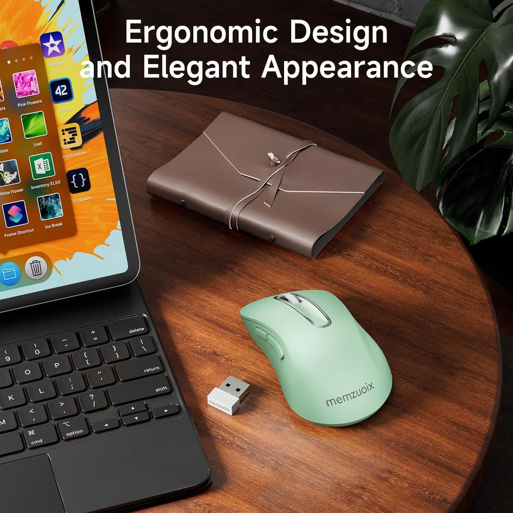 memzuoix Ergonomic Wireless 1400 5 Battery USB Receiver Compatible with Light Green Mouse, 2.4G Optical, DPI, Buttons, Operated, Included, Cordless,