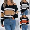 Women's Knitted Sweater Autumn/Winter Casual Contrast-Striped Bell Sleeves Metal Buckle Off-Shoulder Pullover Women's Outerwear
