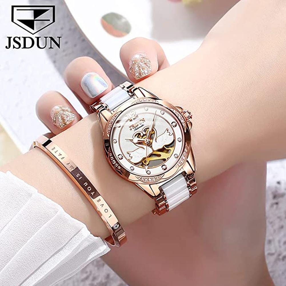 Luxury Mechanical Women Watch Love Swan Design Skeleton Elegant Ceramics Strap Waterproof Ladies Wristwatch Girls Dress Watch