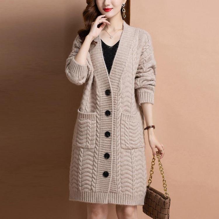Women Loose Large Size Mid Length Sweater Cardigan Autumn Winter Knitwear Jacket Outer Wear