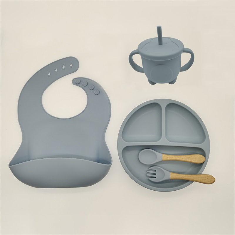 5 шт./компл. набор посуды для кормления детей, мягкая силиконовая миска, тарелка, нагрудники, ложка, вилка, чашка, детская посуда