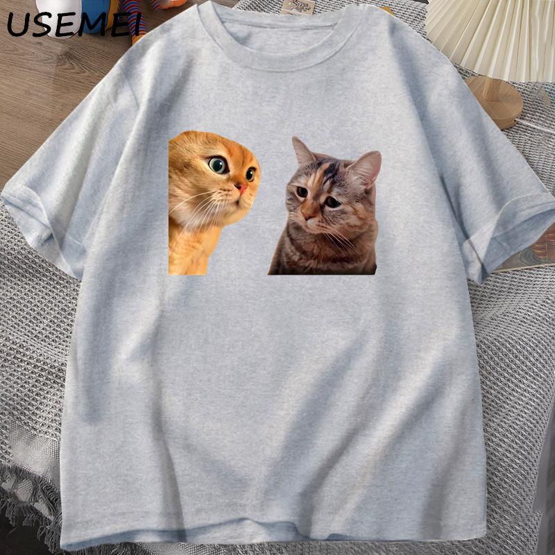 Sad Cat Mewing T-shirt Funny Two Cats Talking Meme Grpahic T Shirts Women Men's Cotton T-shirt Summer Short Sleeves Tees