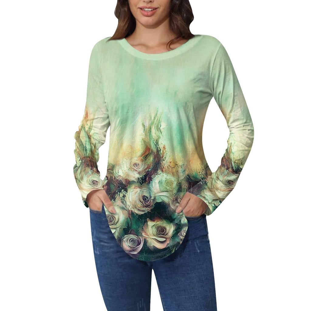 Рубашки для женщин Милые винтажные узоры с принтом Футболка с длинным рукавом Туника Топы Хлопковые пуловеры